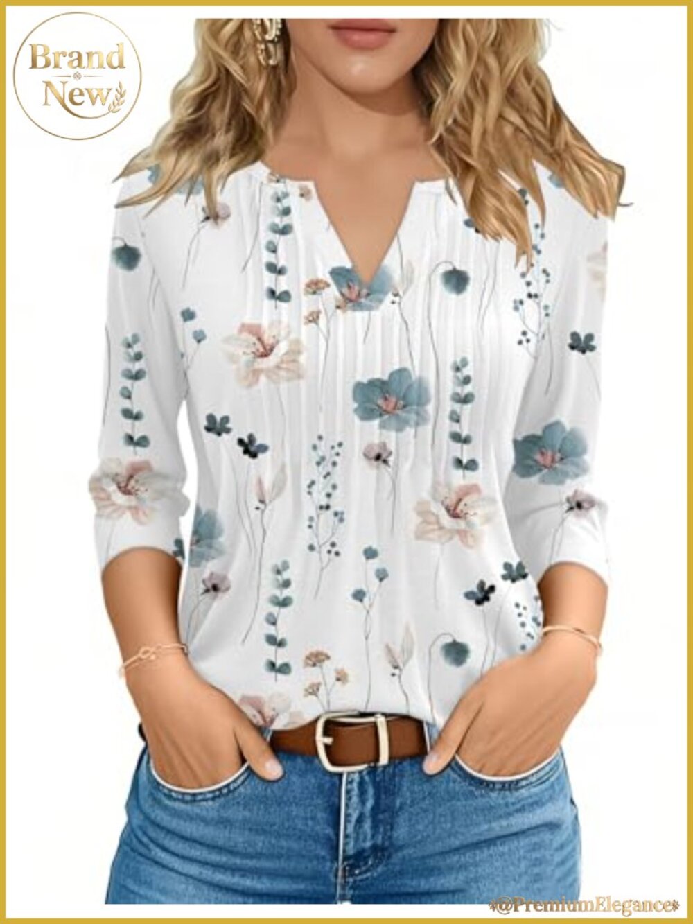 Women's 3/4 Sleeve V-Neck Pleated Tunic Blouse